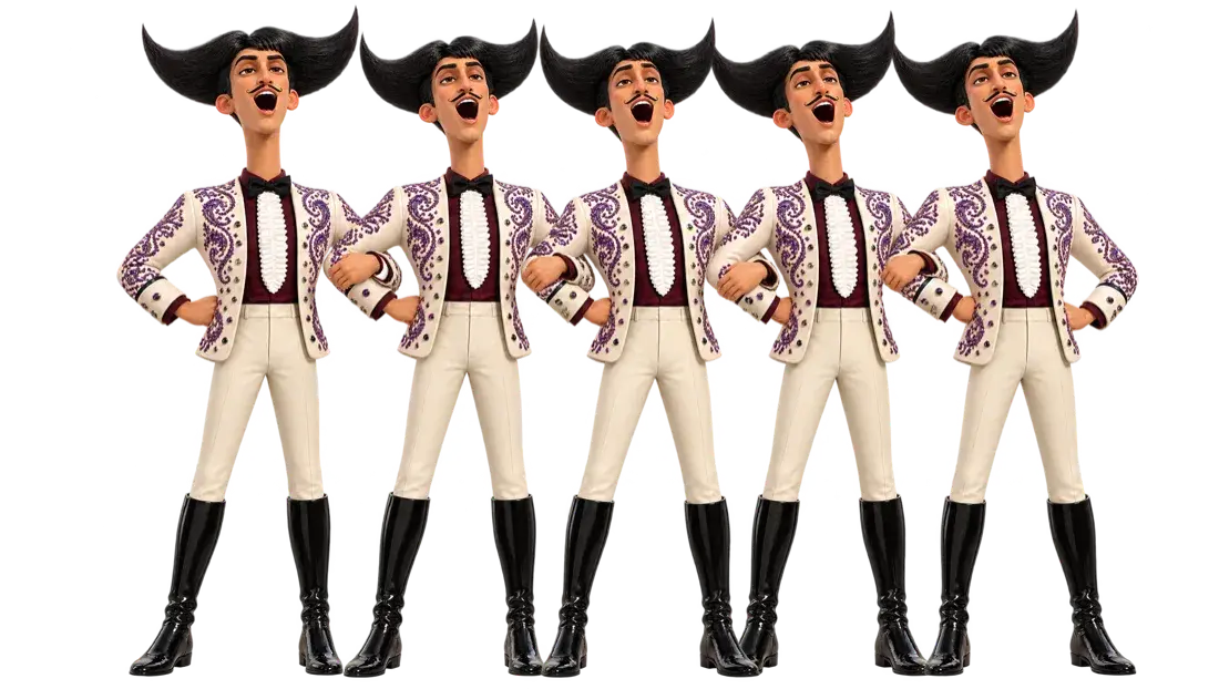 Five cartoon Julios singing in a row, arms linked